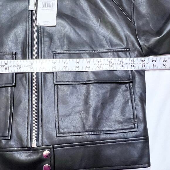 MNG Mango Black Faux Leather Jacket Women Small Black Short Patch Pockets New - Picture 9 of 10